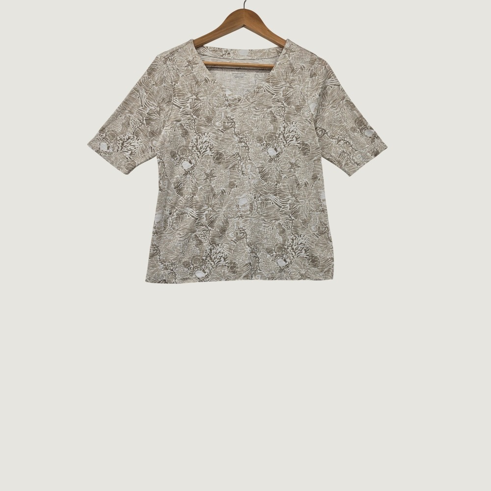 J. Jill Pima Cotton Slub V-Neck Tee Medium Tan White Seashell Coastal Beachy Top